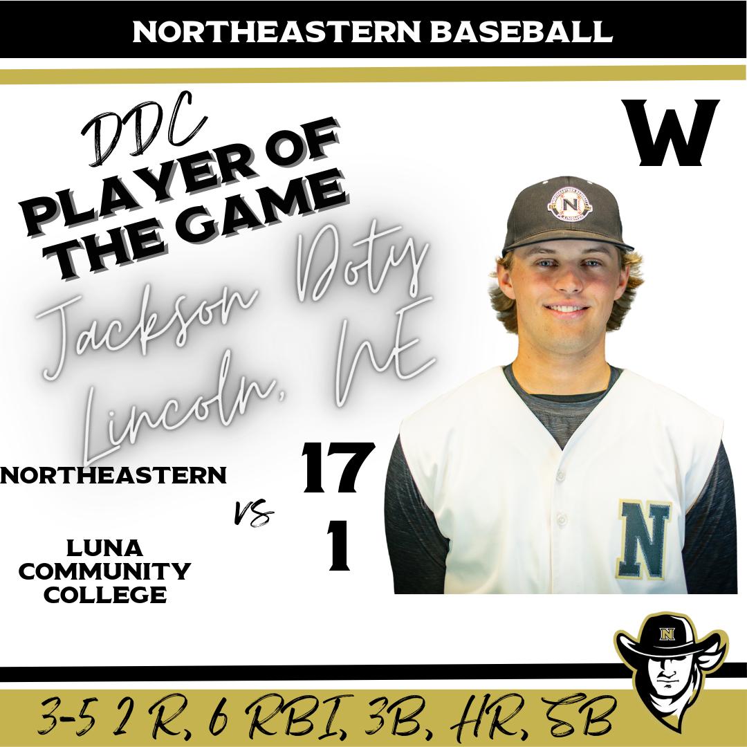 Jackson Doty Drives in 6 To Lead Northeastern Past Luna Community College In Game 2 17-1