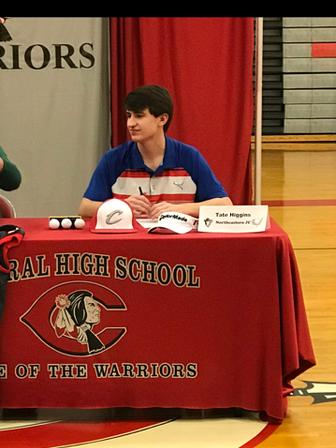 Tate Higgins of Central High School signs his letter of intent to play golf at Northeastern Junior College.

Courtsey Photo
